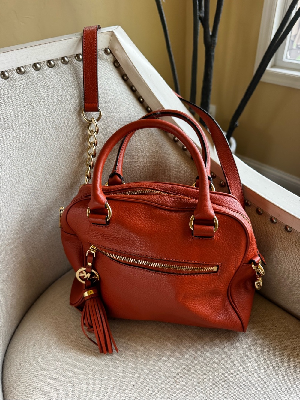 Michael l Kors Women’s Rust Leather Satchel Handbag with Tassel